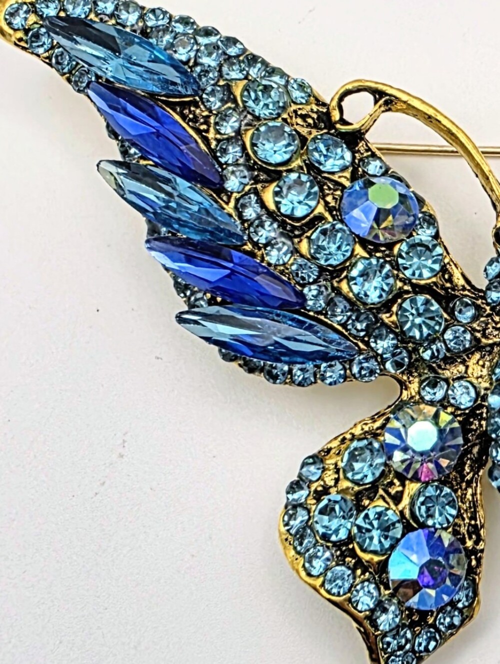 Blue Rhinestone Butterfly Brooch Pin Gold Tone Statement Jewelry - Picture 3 of 5